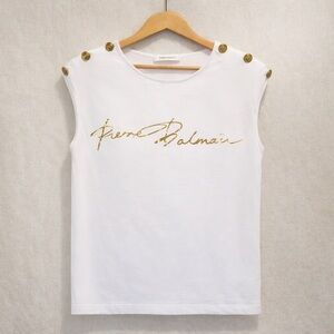 PIERRE BALMAIN Sleeveless Logo Top Cotton Gold Button Shoulder White Tee